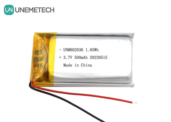 Baterai Polimer Li-ion UNEMETECH 3.7V Baterai Polimer Lithium 500mAh Baterai LiPo 802036 1,85Wh